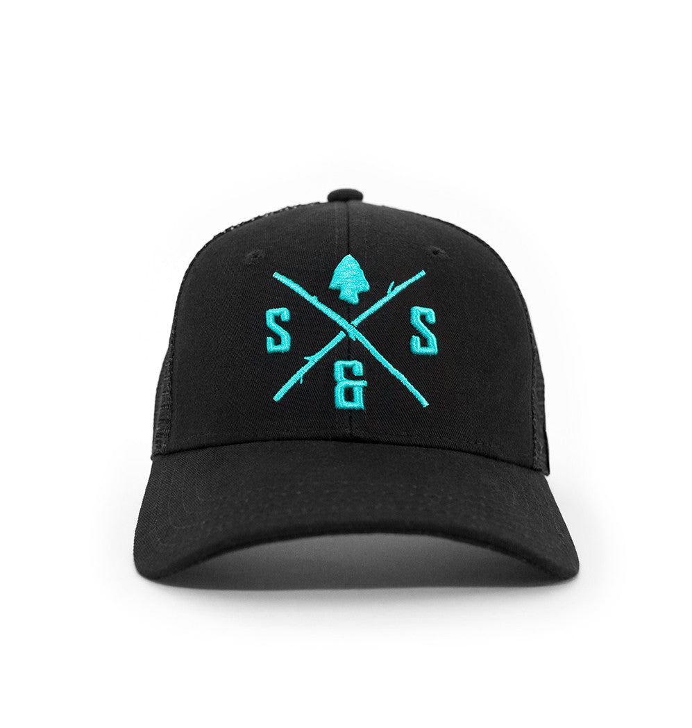 Outdoor Hats, Black mesh back hat, Aqua logo